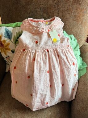 Mini Boden Pink Gingham Strawberry Embroidered Girls' Dress 2-3Y